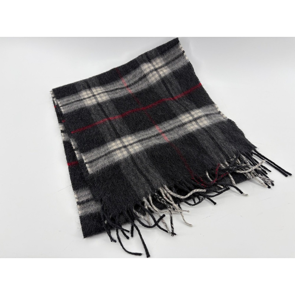 Lord & Taylor, Black/Gray/Red Plaid 100% Cashmere Scarf, Fringe, Winter